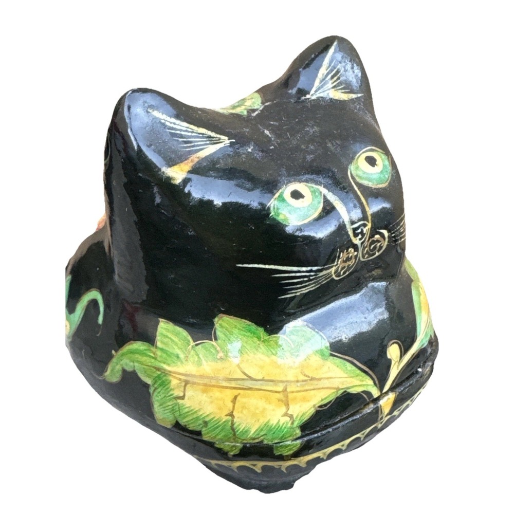 Vintage Black Kitty Cat Laquer Mini Trinket Dish Ring Box Painted Flowers Floral